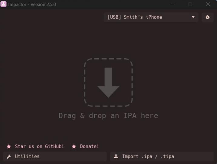 PlumeImpactor home screen with drag and drop IPA import