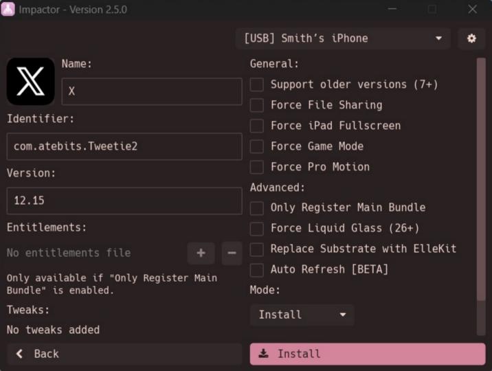 PlumeImpactor install screen with app details and options